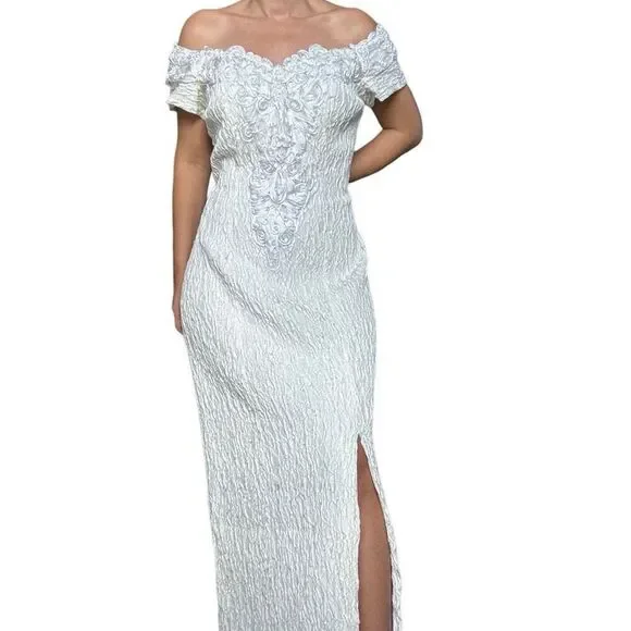 Vintage 90s Flirtation White Maxi Evening Dress Slit Off Shoulder Size Large